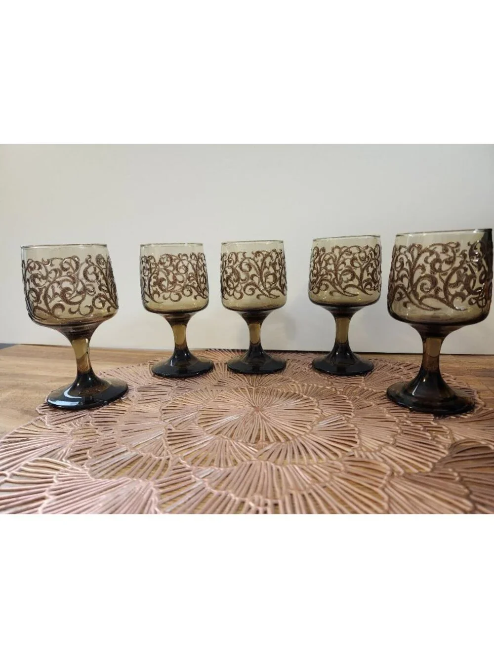 Libbey Prado Tawny Brown Raised Scroll Vintage Wine Water Goblets